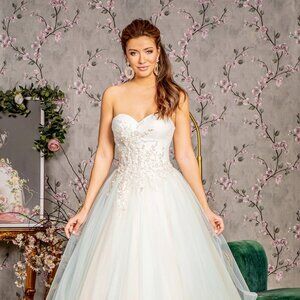 NEW LONG FORMAL SLEEVELESS STRAPLESS MESH BALL GOWN WITH LACE UP BACK GL3244